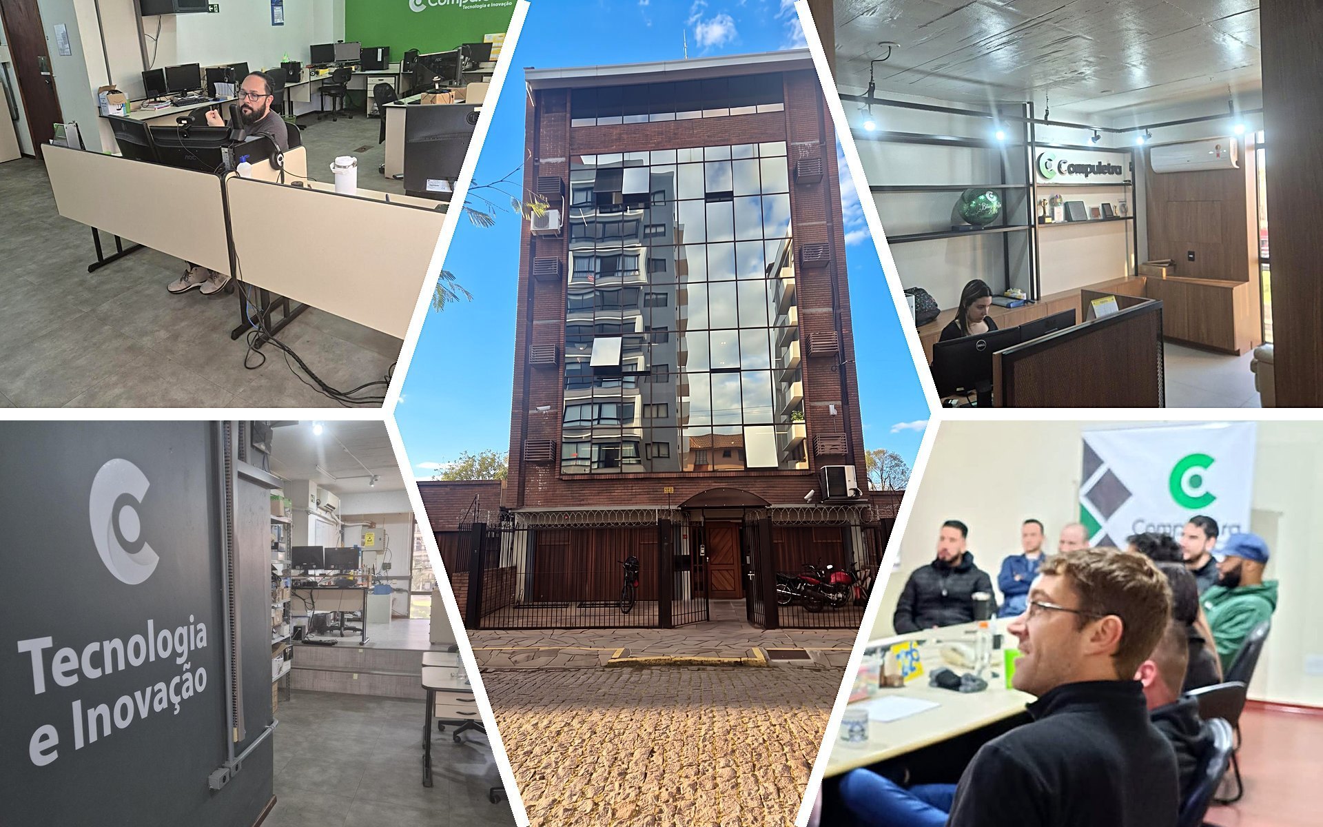 Montagem dos ambientes da Compuletra: equipe em operação, entrada de tecnologia e inovação, fachada da sede, recepção e times em alinhamento